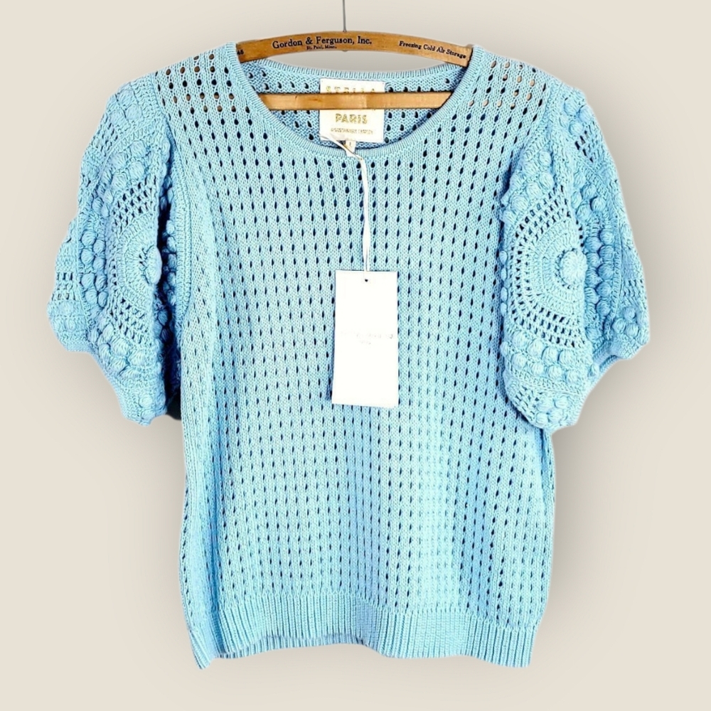 NWT STELLA PARDO Paris GRETA Crochet Puff Sleeve Popcorn Open Stitch Sweater Top